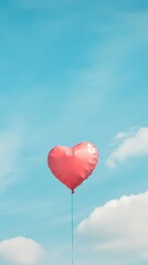 Fototapeta premium Red heart-shaped balloon floats against a blue sky with fluffy clouds, symbolizing love and joy. Perfect for celebrating love and positivity