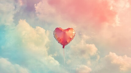 Fototapeta premium Heart-shaped balloon floats gracefully in the sky, painted in soft pastel hues, evoking hope and happiness. Perfect for adding magic and romance to any design or event