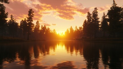 Obraz premium Golden Hour Beauty: Tranquil Wild West Sunset Reflection on Lake - Cinematic Landscape with Vibrant Colors and Tree Silhouettes