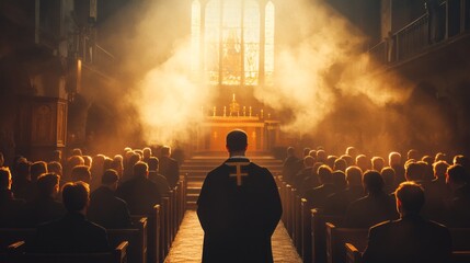 A man stands in front of a large crowd in a church