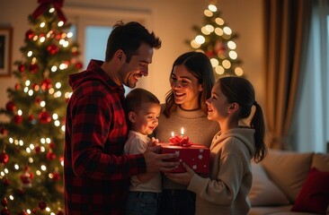 Family Christmas time, Mom and Dad Give a Gift to a Child