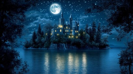 Enchanting Castle on a Moonlit Island with Stars and Reflection