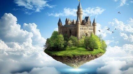 Obraz premium Magical Floating Castle with Lush Greenery and Blue Sky