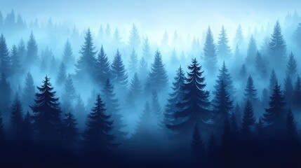 Misty blue forest landscape at dawn