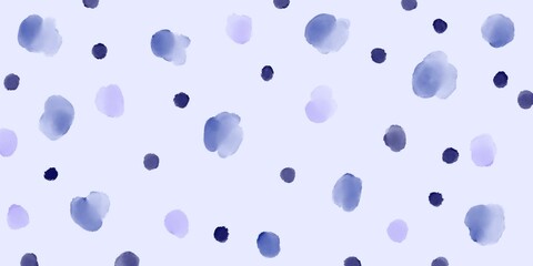 A delicate feminine pattern featuring a variety of blue and purple watercolor dots on a light background. The irregular shapes and sizes of the dots texture ideal for backgrounds, decorative elements