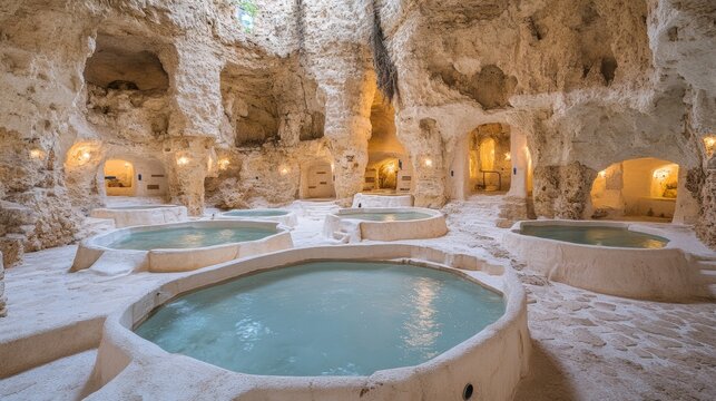 Ancient Stone Spa Pools in Cave  Relaxation Therapy  Wellness Retreat  Natural Water Thera