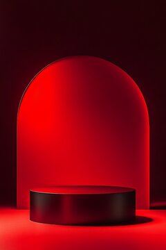 Minimalist glamour podium with romantic red lighting. Mockup design and product presentation concept. For Valentine's Day. Digital illustration for poster, banner, card, template 