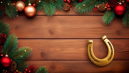 Wooden plank surface background with Christmas decorations around the edges and a gold lucky horseshoe