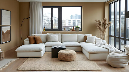 Modern Living Room Decor with White Sectional Sofa, Tan Walls, and Natural Elements