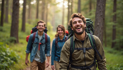 Happy backpacker and his friends hiking in forest, walking through rocky forest on a rainy day with his male friends. Outdoor mountain adventure, trekking travel, hiker sport, Hiking concept