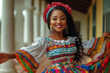  Fiestas patrias en Panamá, mujer de piel negra con hermosa falda típica panameña bailando  en un entorno colonial.