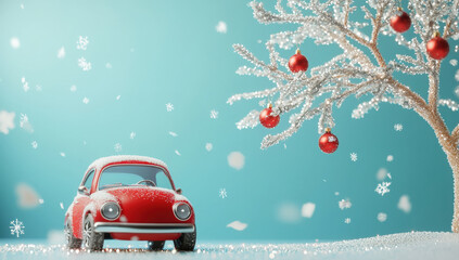  coche de juguete en miniatura rojo, circulando por una carretera nevada, junto a un árbol helado con nieve con bolas de navidad rojas, sobre fondo verde con copos de nieve cayendo