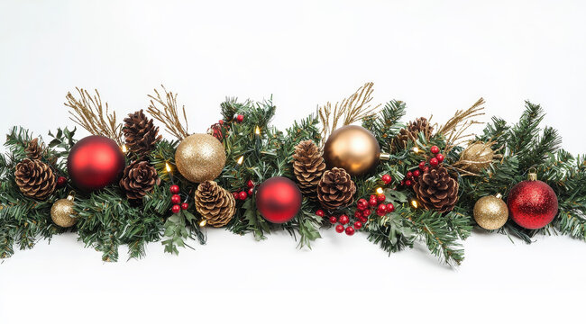 hermoso arreglo floral horizontal con ramas de abeto o pino a modo de cenefa, con decoraciones navide&ntilde;as de bolas rojas, doradas brillantes, pi&ntilde;as secas, acebo y adornos color oro. 