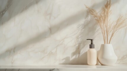 A minimalist bathroom scene featuring a soap dispenser and a decorative vase with dried flowers against a light marble background.