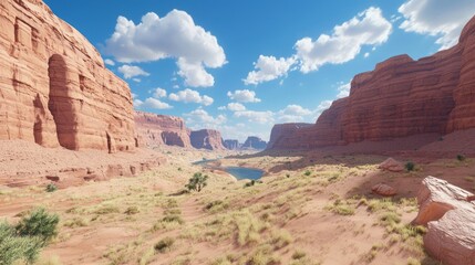 Fototapeta premium Majestic Wild West Canyon Landscape with Red Rock Formations and Winding River under a Blue Sky with Fluffy Clouds, Enhanced with Ultra-Detailed, Cinematic Light