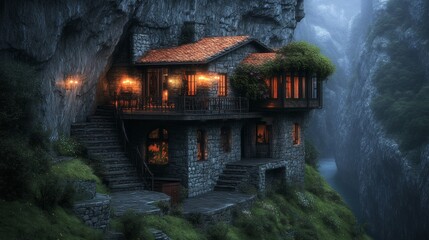Obraz premium Mystical Stone Cottage Cliffside Mountain Valley Foggy Landscape