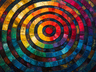 A mesmerizing circular maze painted in radiant rainbow colors, blending vibrant hues with intricate geometric patterns.
