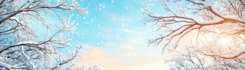 Stunning Winter Wonderland Majestic Snow-Covered Branches Reaching High Into the Sky, Blanketed in Fresh Snow, Creating a Breathtaking View of Nature's Beauty These Snow-Covered Trees Stand Tall