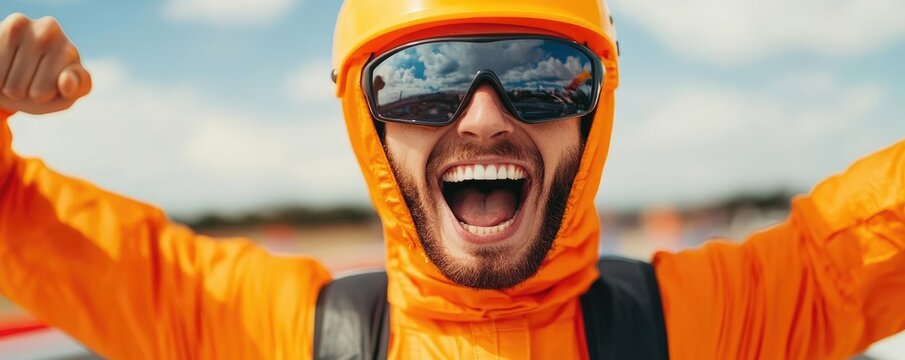 A racer crossing the finish line in awe and triumph, only to realize they re still wearing a funny costume, adding a humorous twist to their victory