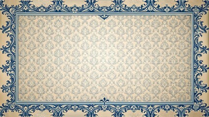 Beige retro wallpaper with small deep blue ornate indigo frame in wide-angle view