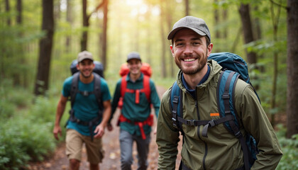 Fototapeta premium Happy backpacker and his friends hiking in forest, walking through rocky forest on a rainy day with his male friends. Outdoor mountain adventure, trekking travel, hiker sport, Hiking concept