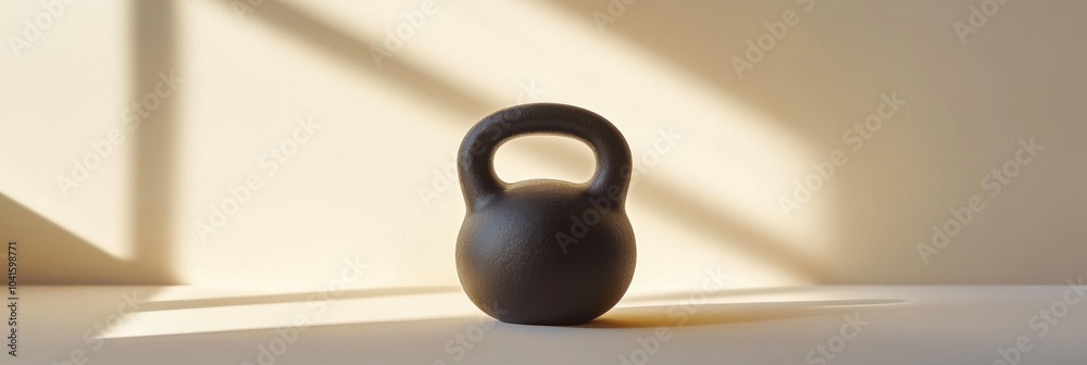 Poster A black kettlebell rests on a surface, bathed in soft sunlight, highlighting its shape in a quiet and minimalistic environment. Generative AI