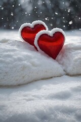 Fototapeta premium Two red hearts in snow, capturing the essence of a couple's unbreakable bond