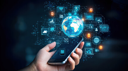 Hand holding smartphone displaying digital globe with interconnected technology elements in a dark environment