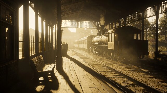 Vintage Wild West Train Station Scene with Steam Locomotive and Townsfolk in Cinematic Light