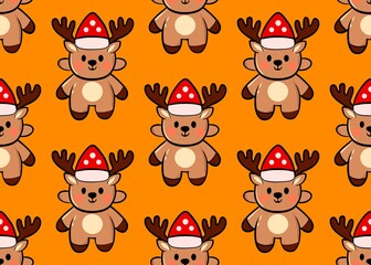 Obraz premium Set of deer. Seamless pattern with deer. New Year's pattern with deer on an orange background. Christmas mood.