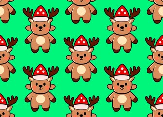 Set of deer. Seamless pattern with deer. New Year's pattern with deer on a green background. Christmas mood.