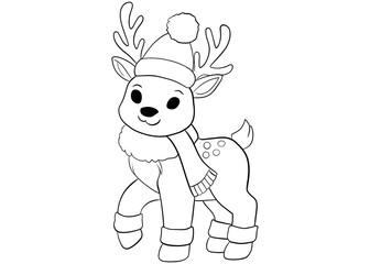Black and white coloring page for children with a New Year's deer. Children's winter coloring book. Deer in linear style.