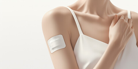 Woman applying birth control patch on shoulder against blank background.