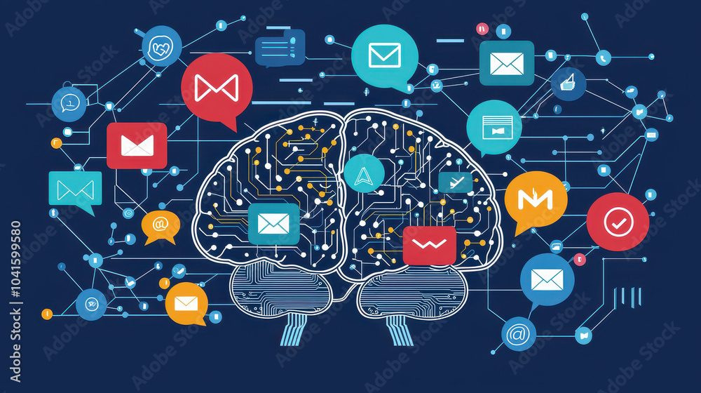 Poster conceptual illustration of a brain with digital connections and various communication icons represen