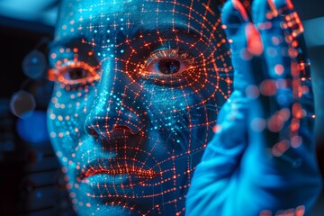 Neon-lit face with digital patterns highlighting artificial intelligence and technology.