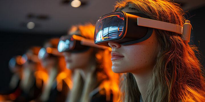 A group of teenagers in VR glasses, collaborating in a virtual project at school, sitting in a classroom environment