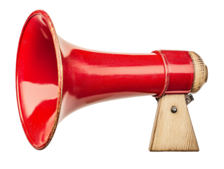 a red horn with a wooden base