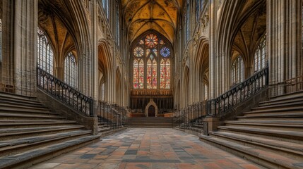 Obraz premium Cathedral Interior with Stone Stairs Stained Glass Window Archway