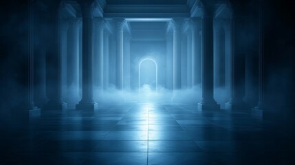 Obraz premium Ancient Greek Temple Columns Hallway with Fog and Light