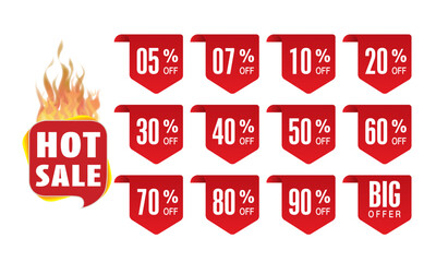 Discount sticker product tag set. shopping discount label badge with 10, 20, 30, 40, 50, 60, 70, 80 percent off. And Hot sale offer vector symbol on white background.