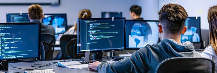 Ethical hacking course with students learning to identify and mitigate security vulnerabilities through practical exercises with copy space