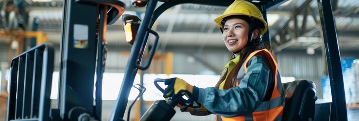 Naklejka premium Female forklift driver in a safety suit and helmet smiling while working in a logistics warehouse With copy space