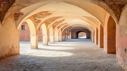 Fototapeta premium Historic Brick Arches Courtyard Old Architecture Italian Building Cobblestone Path