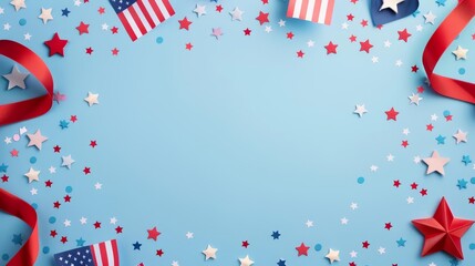 Obraz premium Patriotic 4th of July background with flags, stars and confetti.