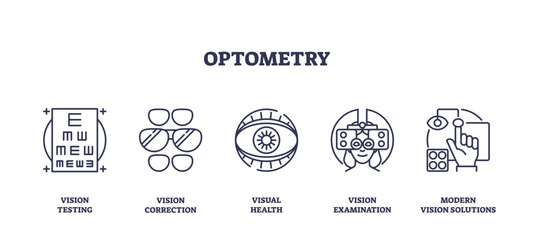 Optometry icons depict vision testing, correction, and examination, transparent background. Key objects, eye chart, glasses, eye. Outline icons set.