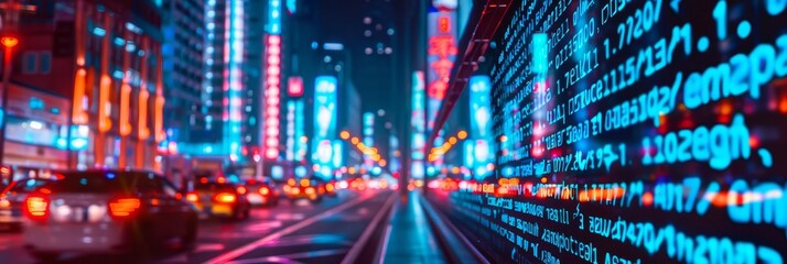 Fototapeta premium Neon lights illuminate a bustling city street at night.