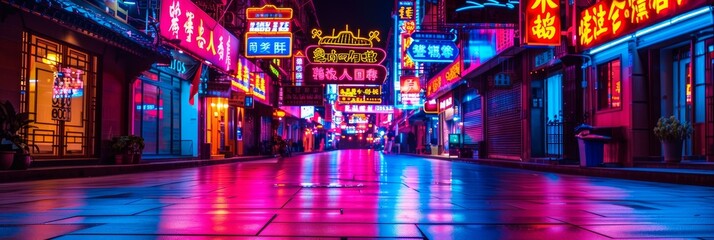 A vibrant street scene in Chinatown illuminated by colorful neon signs reflecting on wet pavement. The glowing lights create a lively atmosphere with a mix of traditional and modern aesthetics.
