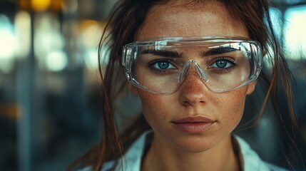 Close-up portrait of a woman wearing safety glasses.