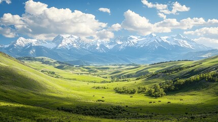 Obraz premium Frontier Serenity: Majestic Wild West Valley With Ranches, Cattle, and Snow-Capped Peaks in Cinematic Light