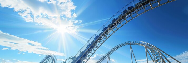 Roller coaster ride in the sky with bright sun and clouds